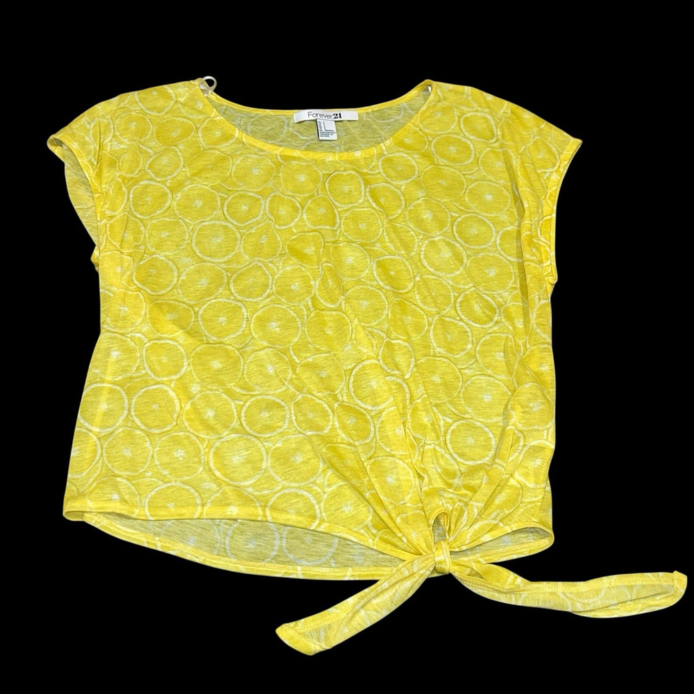 Forever 21 Yellow Lemon Slices Print Light Weight Sheer Cropped Top w/Tie Small